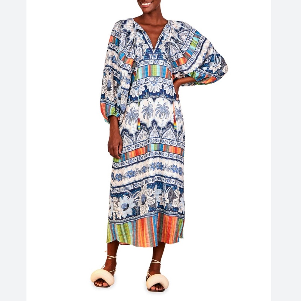 FARM RIO BALLOON-SLEEVE MIDI DRESS BLUE PALMS PRINT COTTON